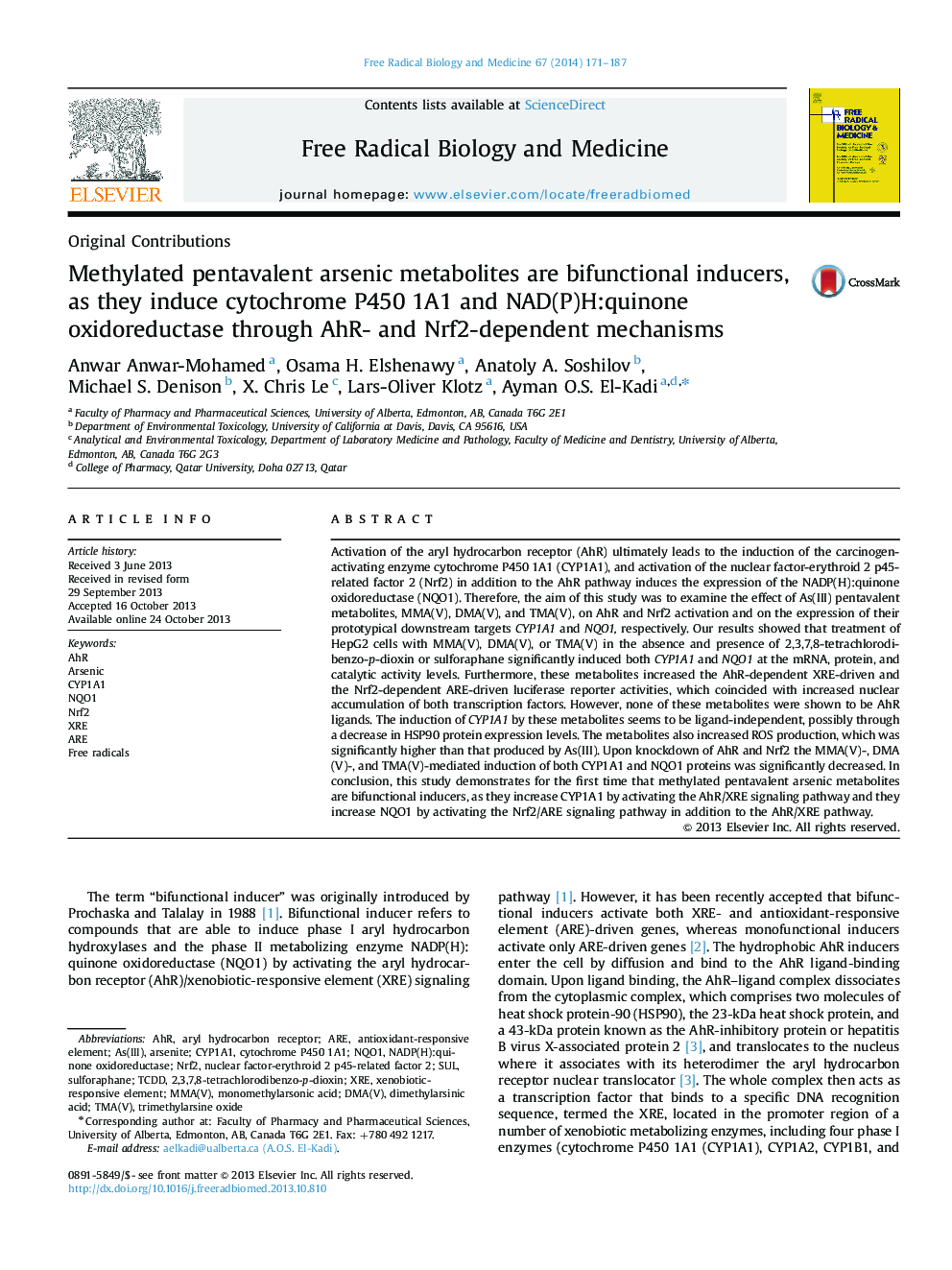 Methylated pentavalent arsenic metabolites are bifunctional inducers, as they induce cytochrome P450 1A1 and NAD(P)H:quinone oxidoreductase through AhR- and Nrf2-dependent mechanisms