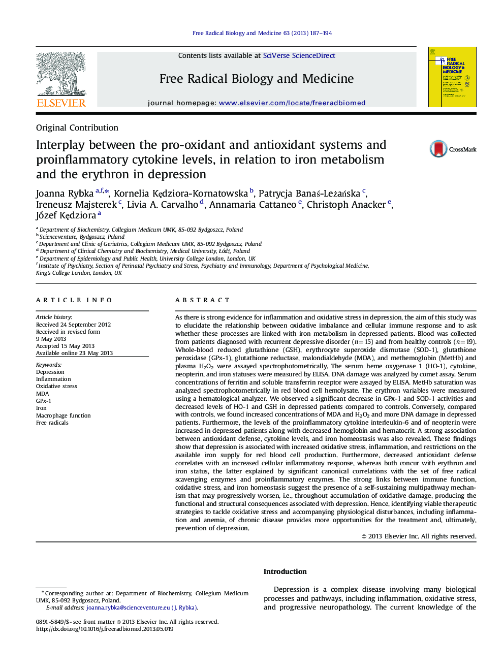 تعامل بین سیستم های پروتئین اکسیدان و آنتی اکسیدان و سطوح سیتوکین ضد التهابی در ارتباط با متابولیسم آهن و اریترون در افسردگی 