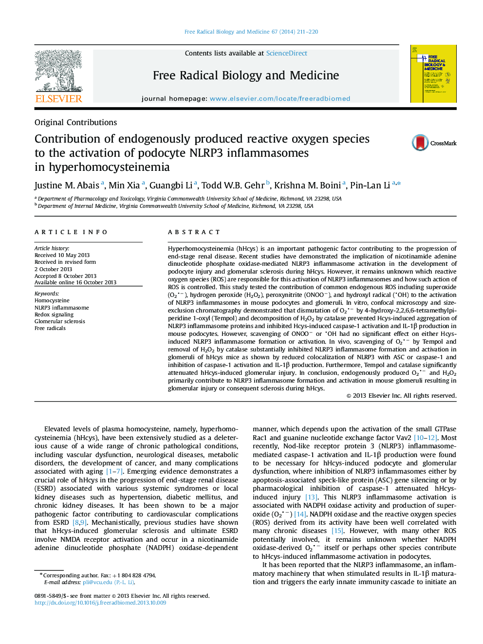 Contribution of endogenously produced reactive oxygen species to the activation of podocyte NLRP3 inflammasomes in hyperhomocysteinemia