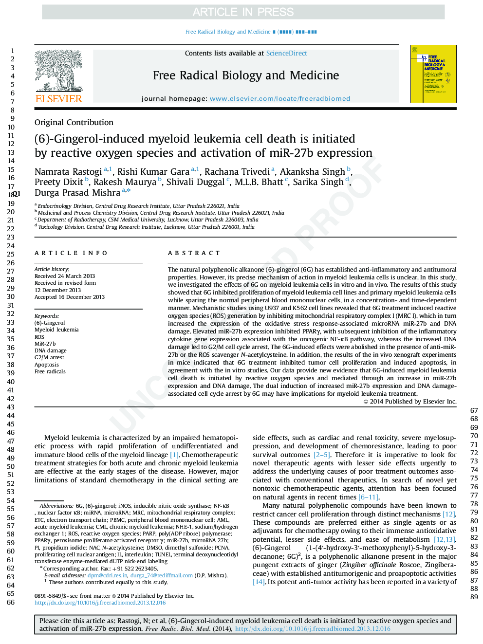 (6)-Gingerolinduced myeloid leukemia cell death is initiated by reactive oxygen species and activation of miR-27b expression