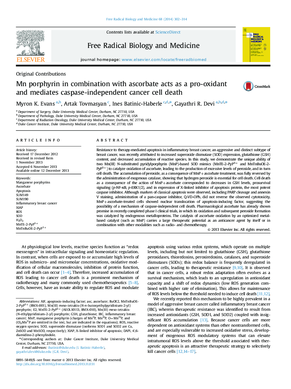 Mn porphyrin in combination with ascorbate acts as a pro-oxidant and mediates caspase-independent cancer cell death