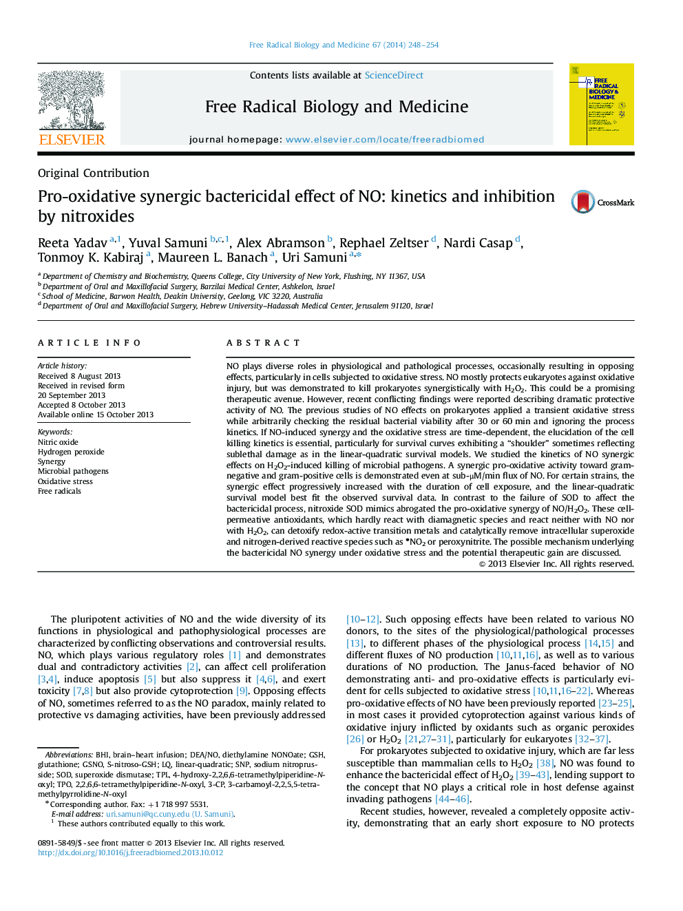 Pro-oxidative synergic bactericidal effect of NO: kinetics and inhibition by nitroxides