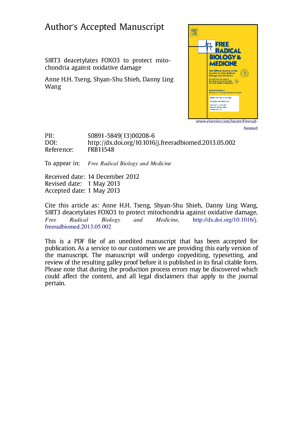 SIRT3 deacetylates FOXO3 to protect mitochondria against oxidative damage