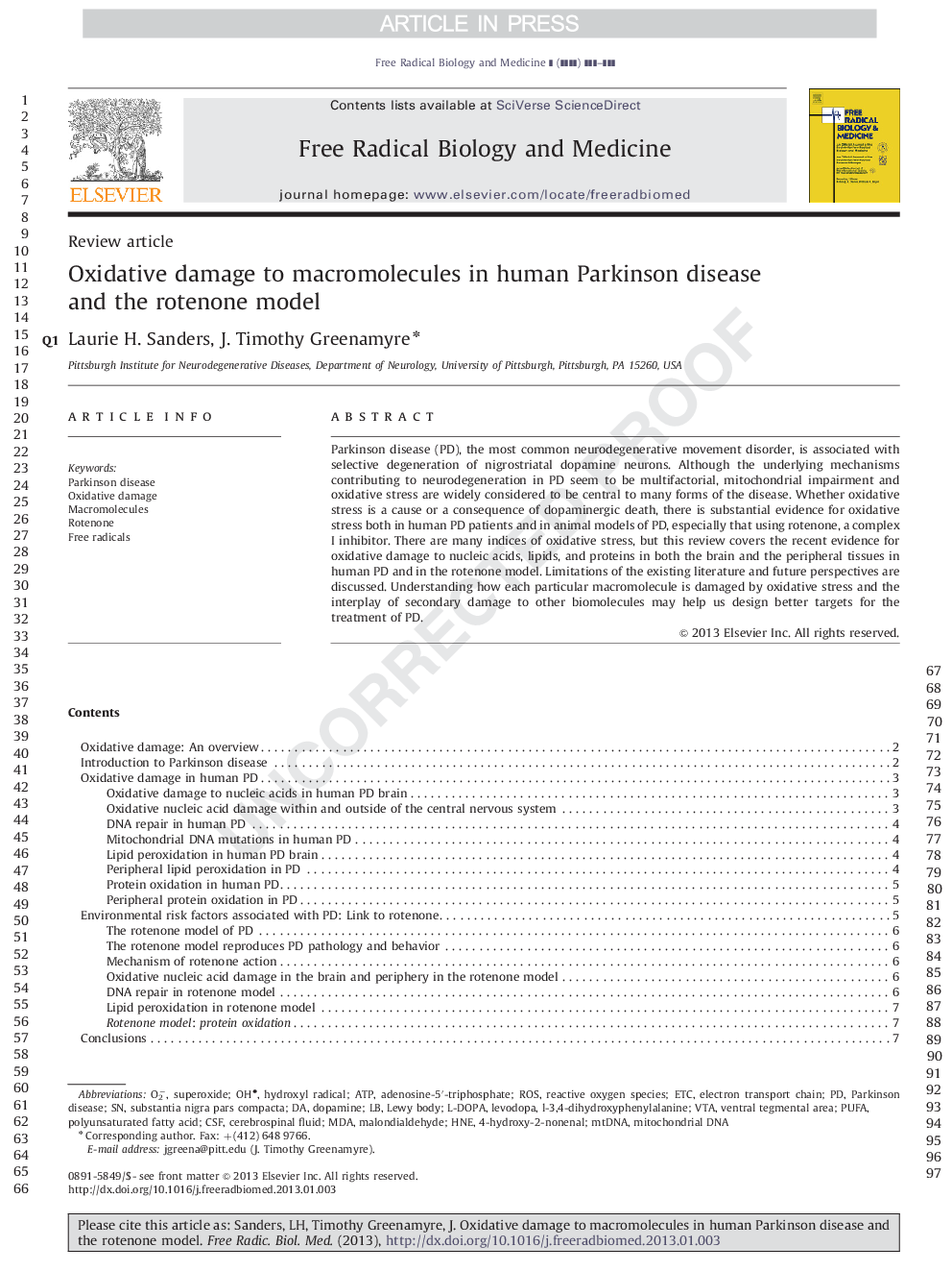 Oxidative damage to macromolecules in human Parkinson disease and the rotenone model