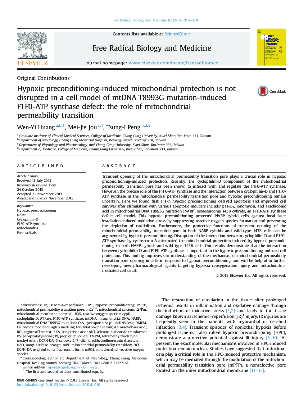 Hypoxic preconditioning-induced mitochondrial protection is not disrupted in a cell model of mtDNA T8993G mutation-induced F1F0-ATP synthase defect: the role of mitochondrial permeability transition