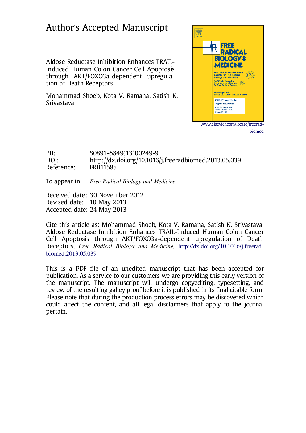 Aldose reductase inhibition enhances TRAIL-induced human colon cancer cell apoptosis through AKT/FOXO3a-dependent upregulation of death receptors