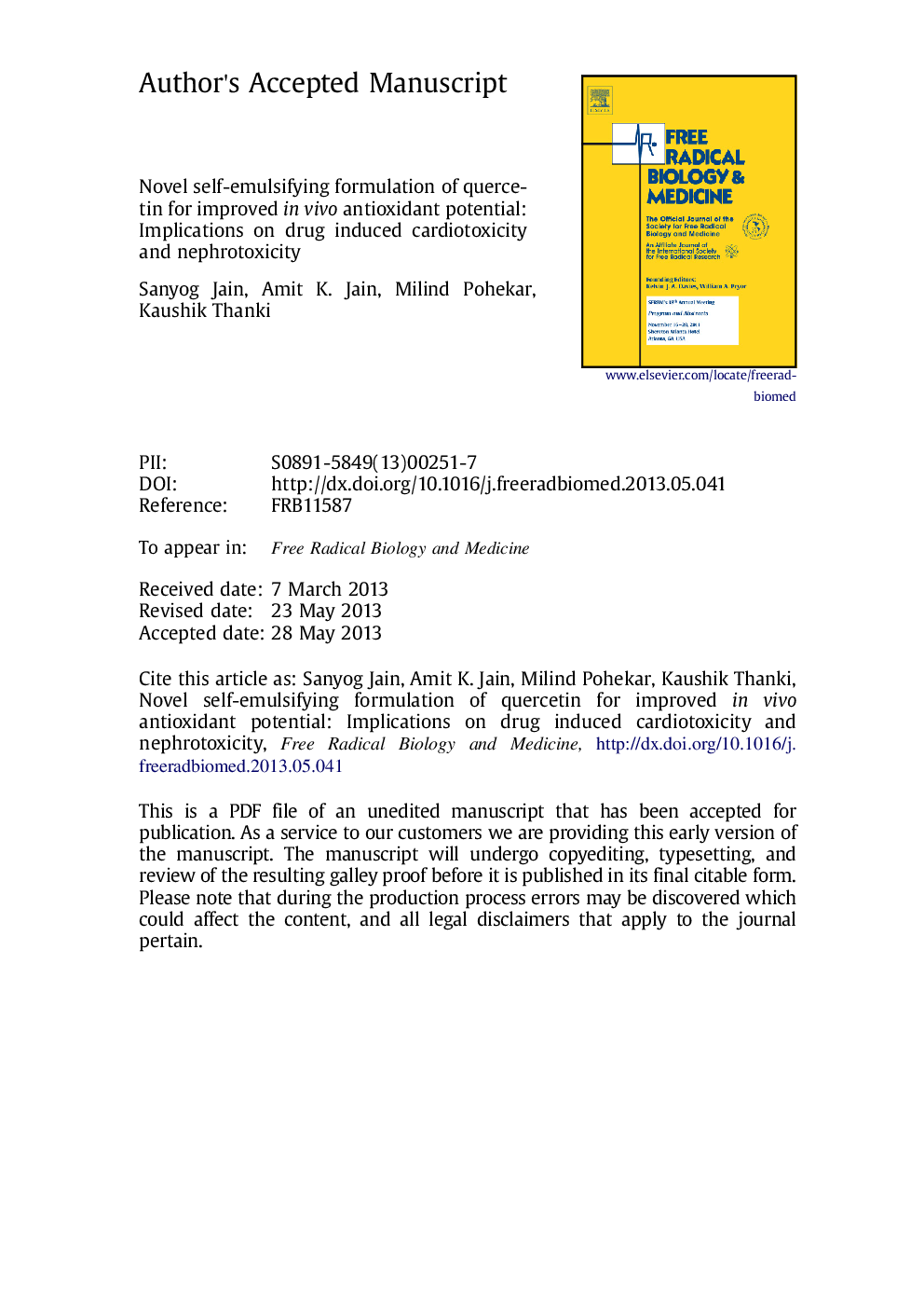 Novel self-emulsifying formulation of quercetin for improved in vivo antioxidant potential: Implications for drug-induced cardiotoxicity and nephrotoxicity