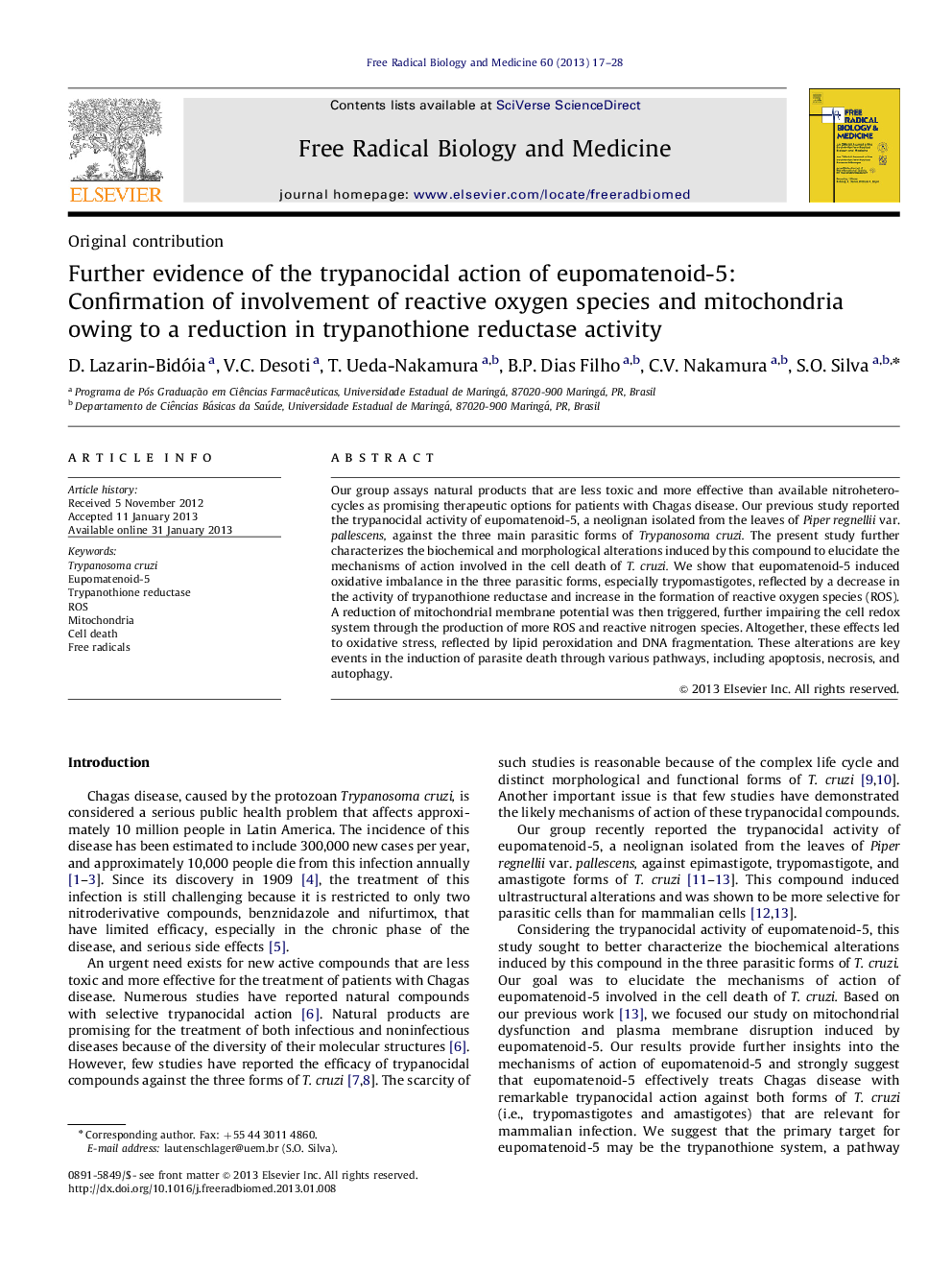 Further evidence of the trypanocidal action of eupomatenoid-5: Confirmation of involvement of reactive oxygen species and mitochondria owing to a reduction in trypanothione reductase activity