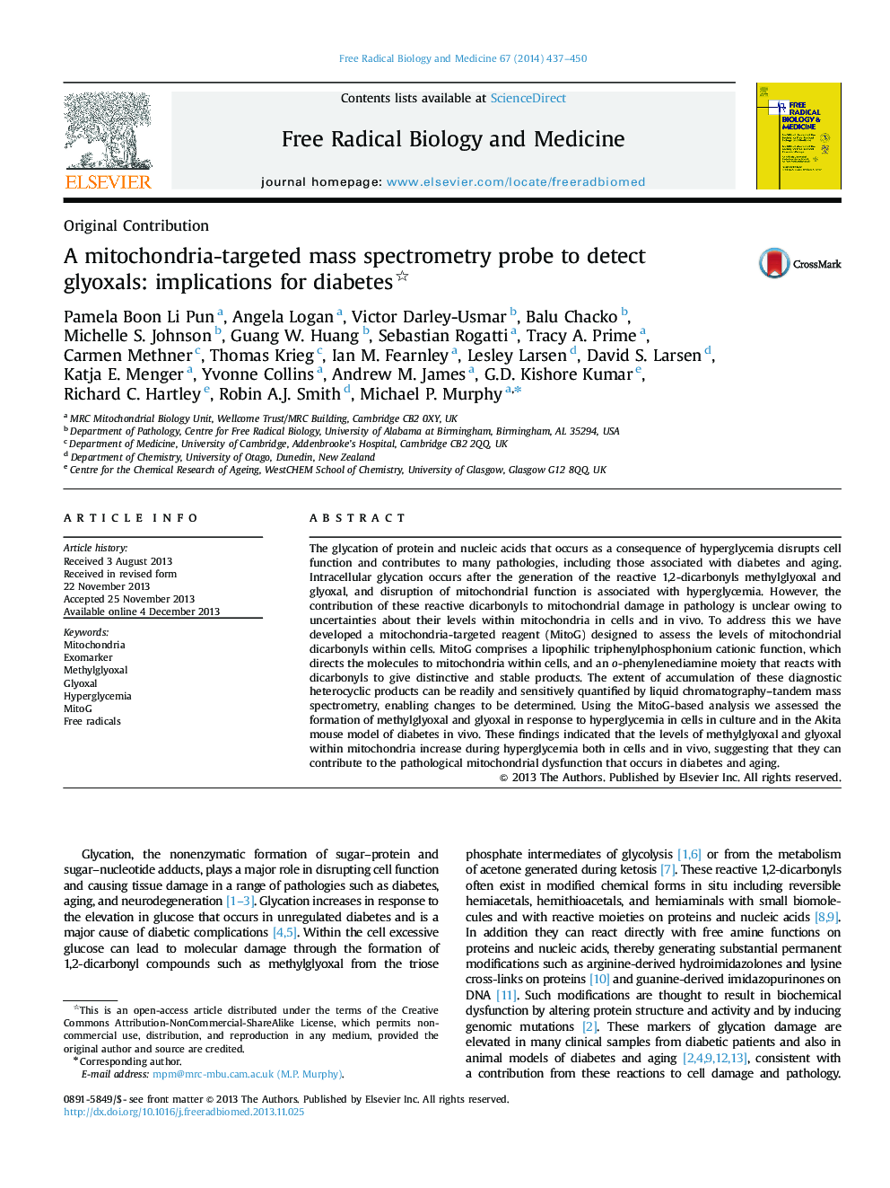 A mitochondria-targeted mass spectrometry probe to detect glyoxals: implications for diabetes