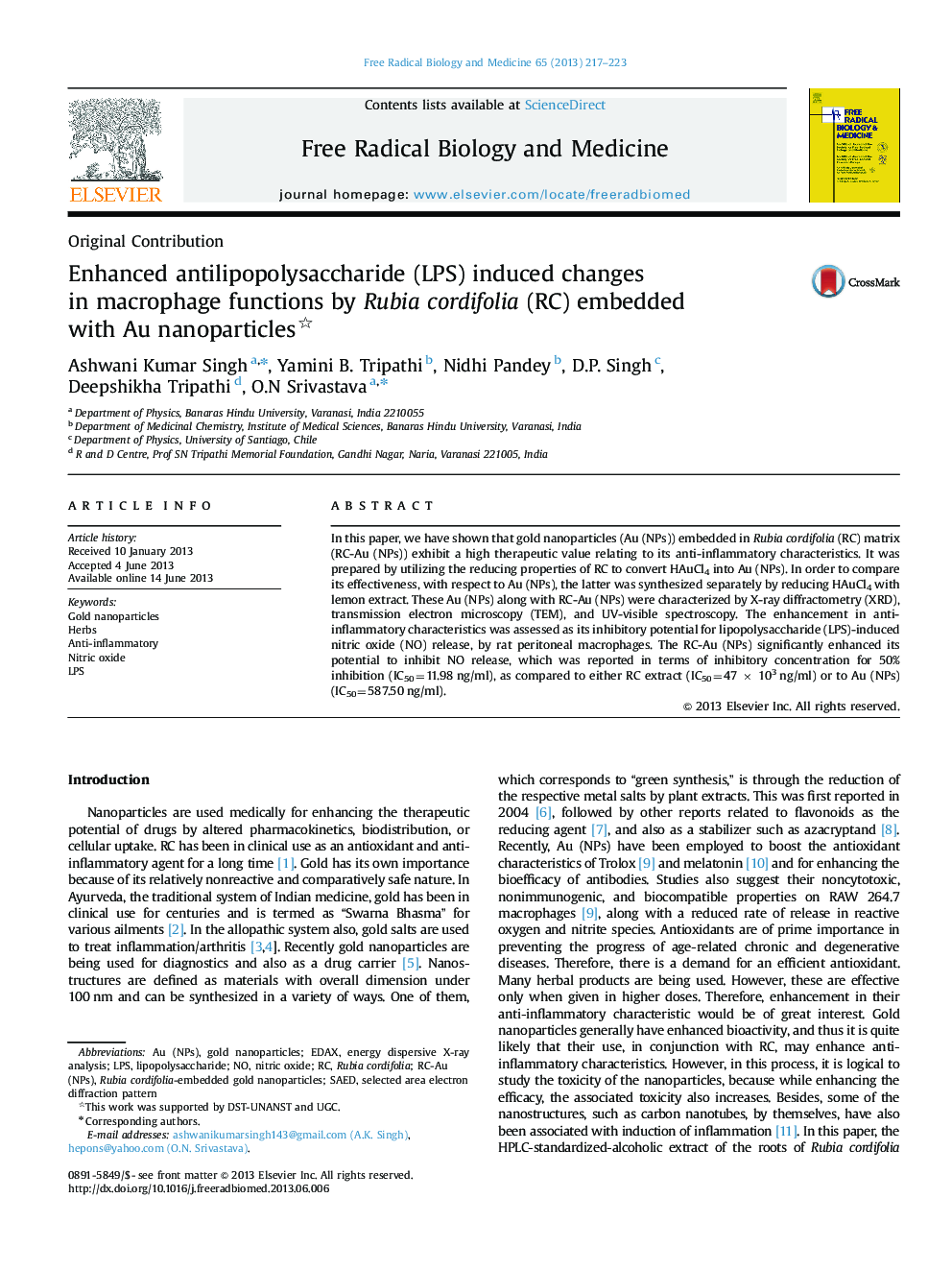 Enhanced antilipopolysaccharide (LPS) induced changes in macrophage functions by Rubia cordifolia (RC) embedded with Au nanoparticles