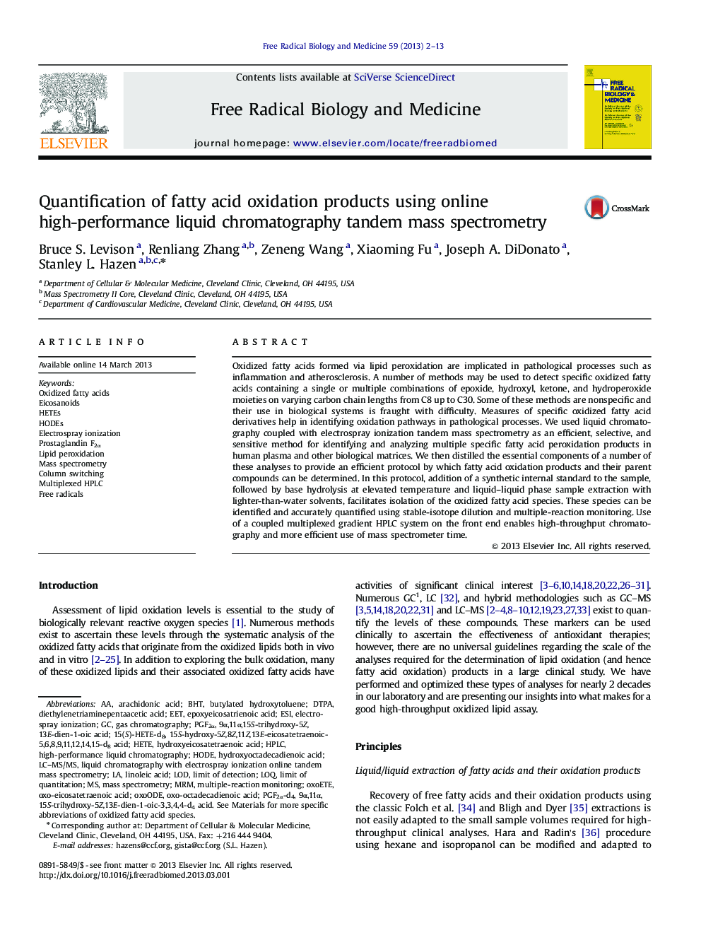 Quantification of fatty acid oxidation products using online high-performance liquid chromatography tandem mass spectrometry