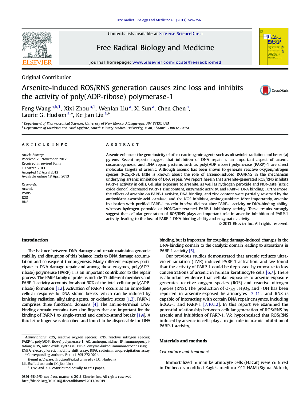 Arsenite-induced ROS/RNS generation causes zinc loss and inhibits the activity of poly(ADP-ribose) polymerase-1