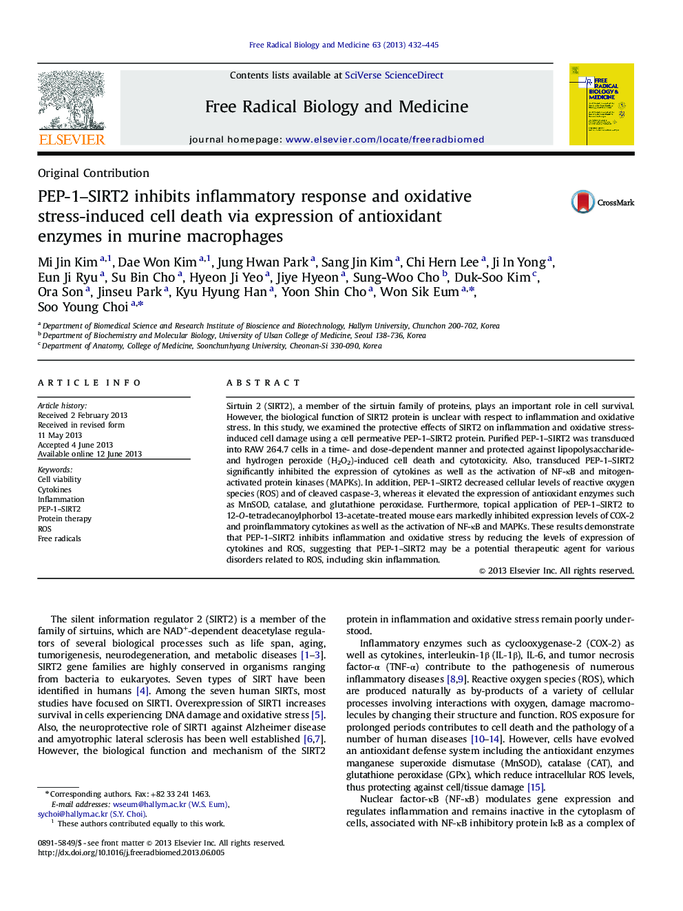 PEP-1-SIRT2 inhibits inflammatory response and oxidative stress-induced cell death via expression of antioxidant enzymes in murine macrophages