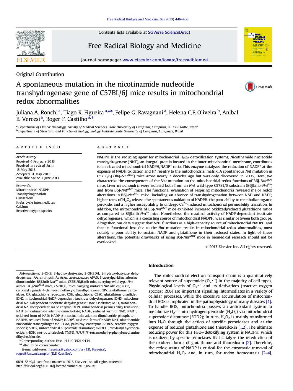 A spontaneous mutation in the nicotinamide nucleotide transhydrogenase gene of C57BL/6J mice results in mitochondrial redox abnormalities