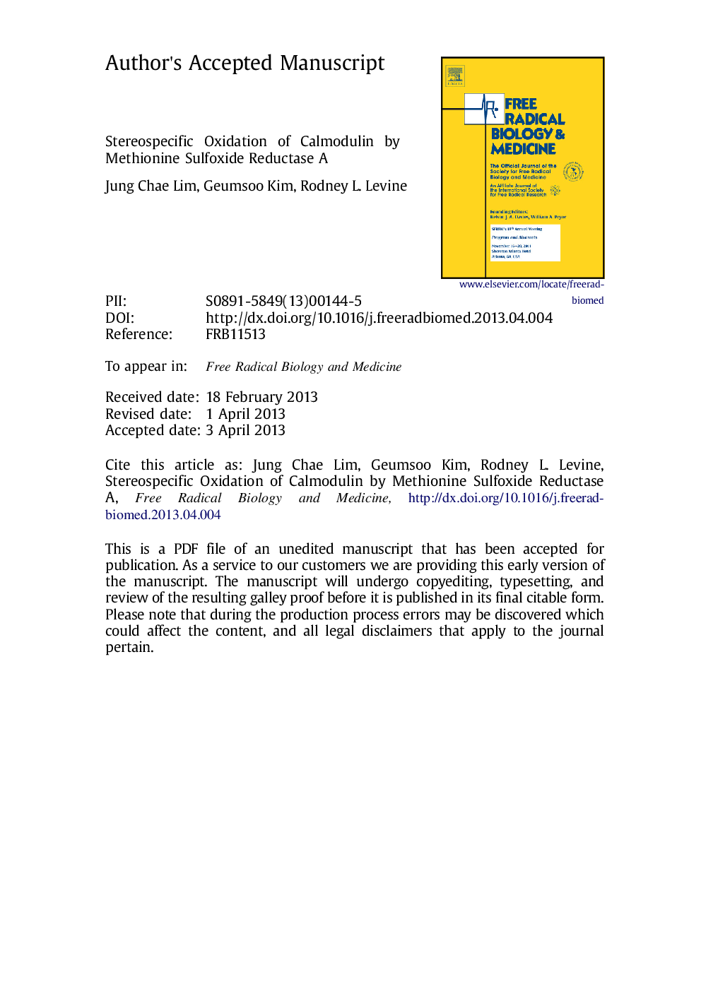 Stereospecific oxidation of calmodulin by methionine sulfoxide reductase A