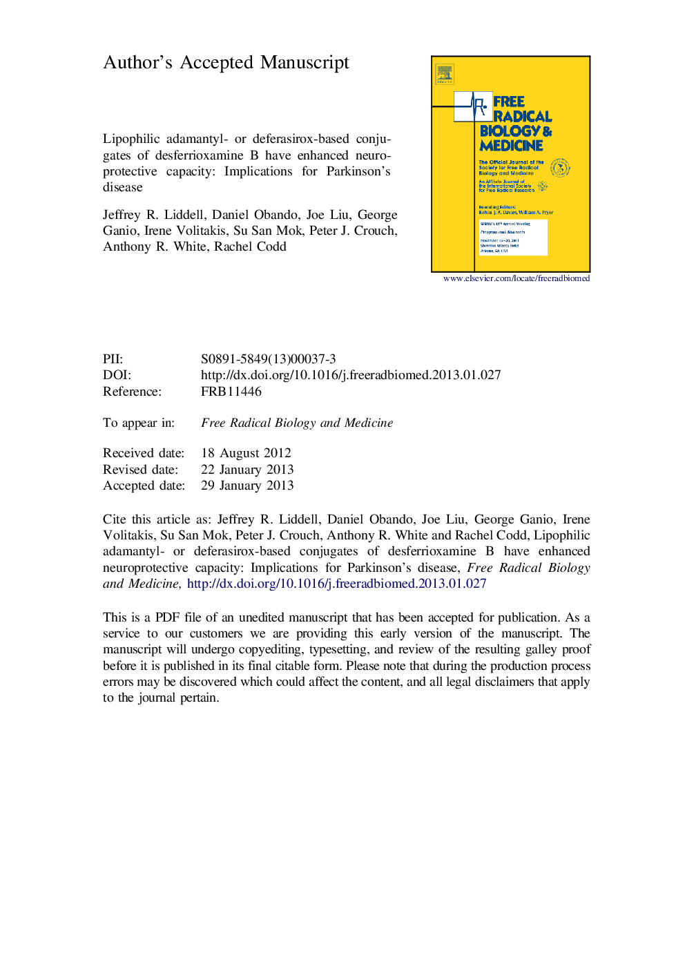 Lipophilic adamantyl- or deferasirox-based conjugates of desferrioxamine B have enhanced neuroprotective capacity: implications for Parkinson disease