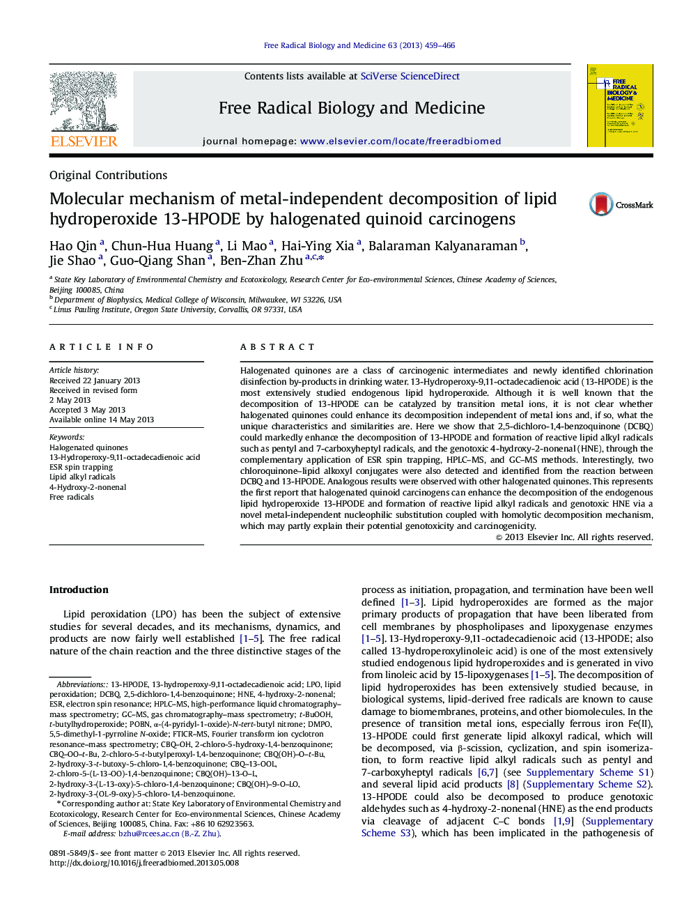 Molecular mechanism of metal-independent decomposition of lipid hydroperoxide 13-HPODE by halogenated quinoid carcinogens