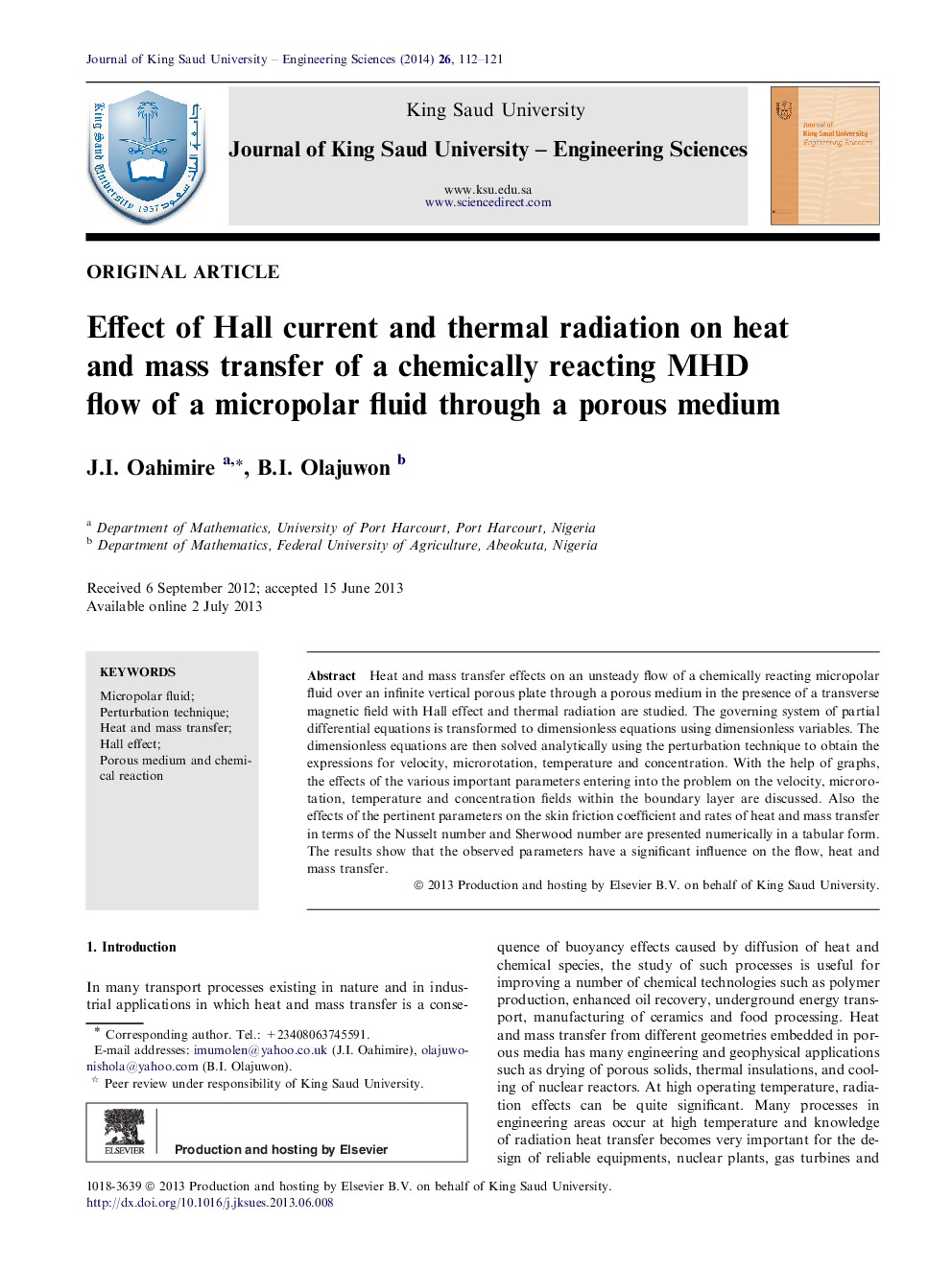 Effect of Hall current and thermal radiation on heat and mass transfer of a chemically reacting MHD flow of a micropolar fluid through a porous medium 