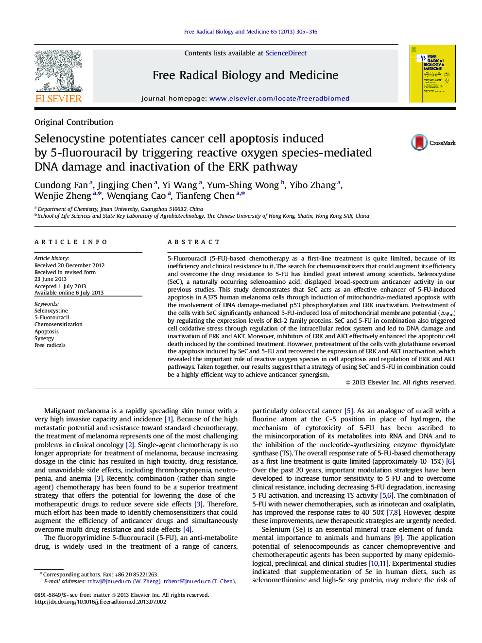 Selenocystine potentiates cancer cell apoptosis induced by 5-fluorouracil by triggering reactive oxygen species-mediated DNA damage and inactivation of the ERK pathway