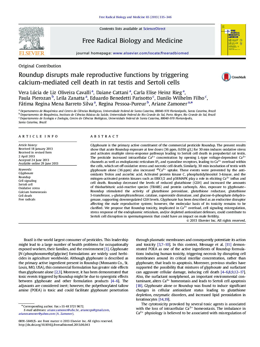 Roundup disrupts male reproductive functions by triggering calcium-mediated cell death in rat testis and Sertoli cells