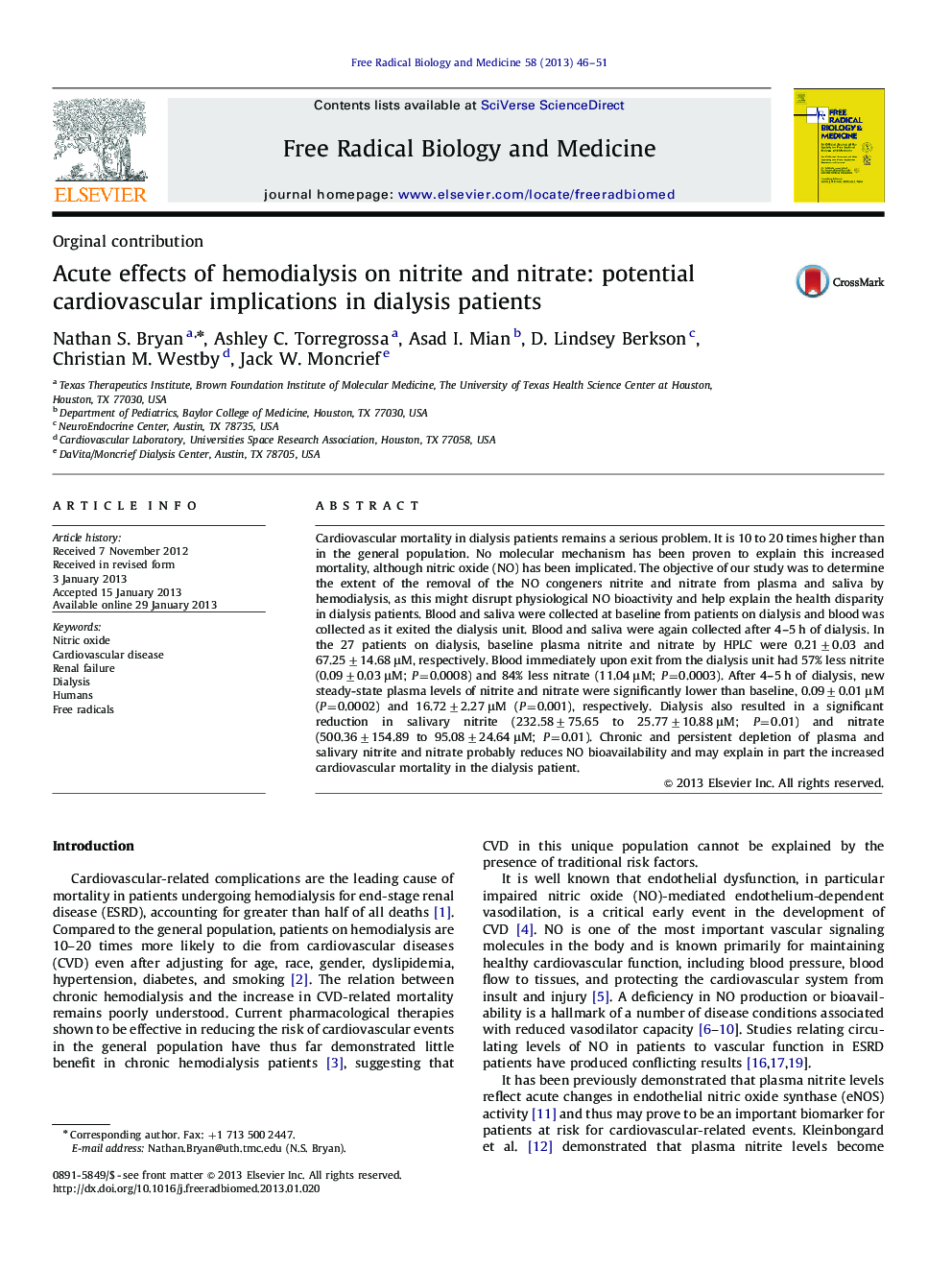 Acute effects of hemodialysis on nitrite and nitrate: potential cardiovascular implications in dialysis patients