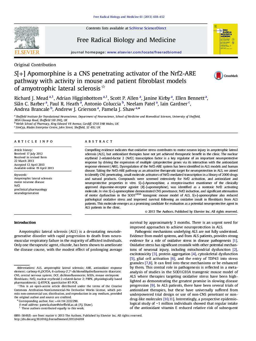 S[+] Apomorphine is a CNS penetrating activator of the Nrf2-ARE pathway with activity in mouse and patient fibroblast models of amyotrophic lateral sclerosis