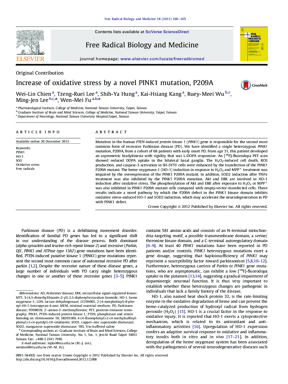 Increase of oxidative stress by a novel PINK1 mutation, P209A