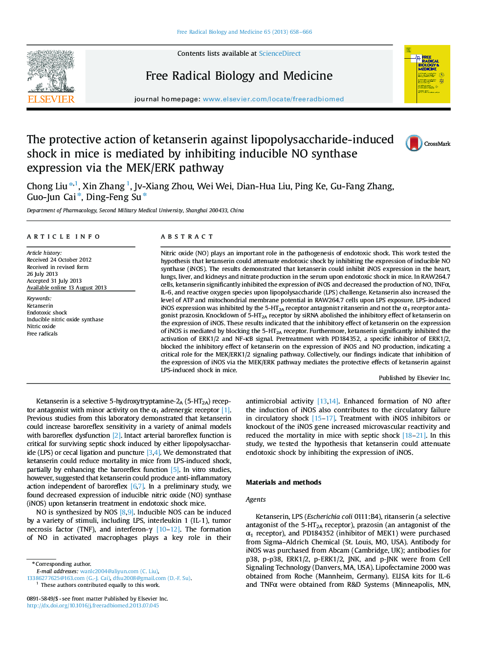 The protective action of ketanserin against lipopolysaccharide-induced shock in mice is mediated by inhibiting inducible NO synthase expression via the MEK/ERK pathway