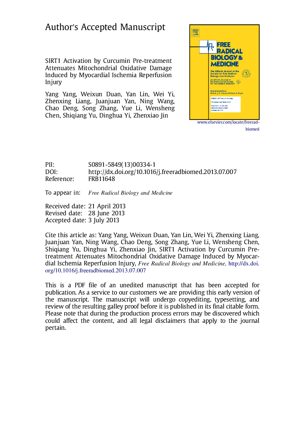 SIRT1 activation by curcumin pretreatment attenuates mitochondrial oxidative damage induced by myocardial ischemia reperfusion injury