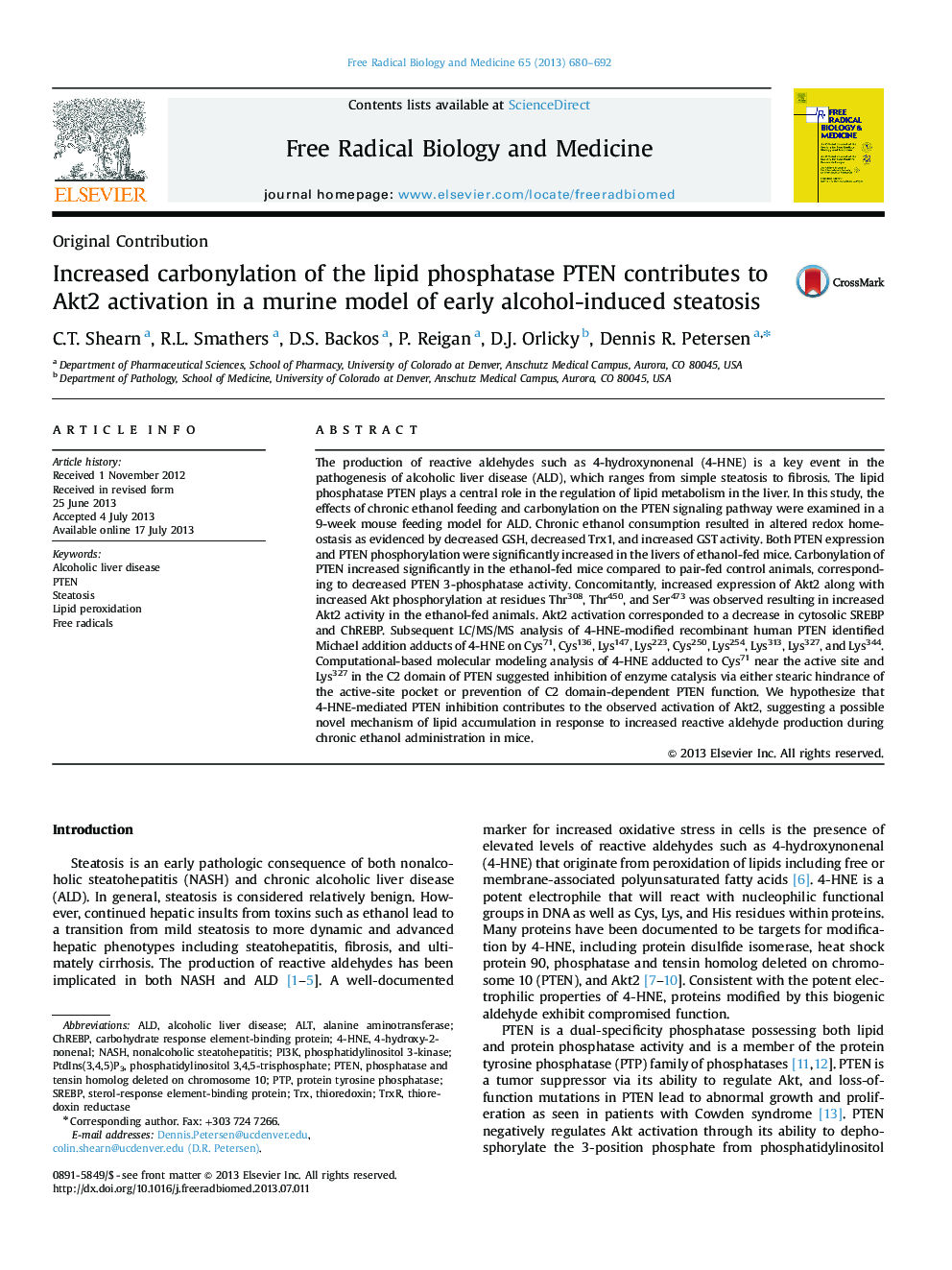 Increased carbonylation of the lipid phosphatase PTEN contributes to Akt2 activation in a murine model of early alcohol-induced steatosis