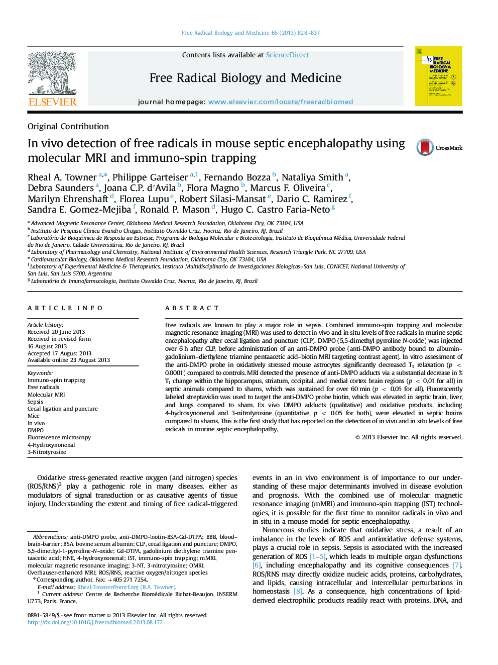 In vivo detection of free radicals in mouse septic encephalopathy using molecular MRI and immuno-spin trapping