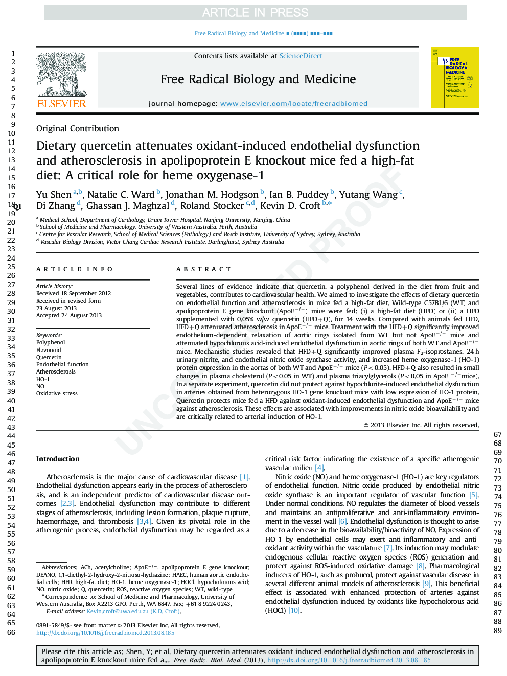 Dietary quercetin attenuates oxidant-induced endothelial dysfunction and atherosclerosis in apolipoprotein E knockout mice fed a high-fat diet: A critical role for heme oxygenase-1