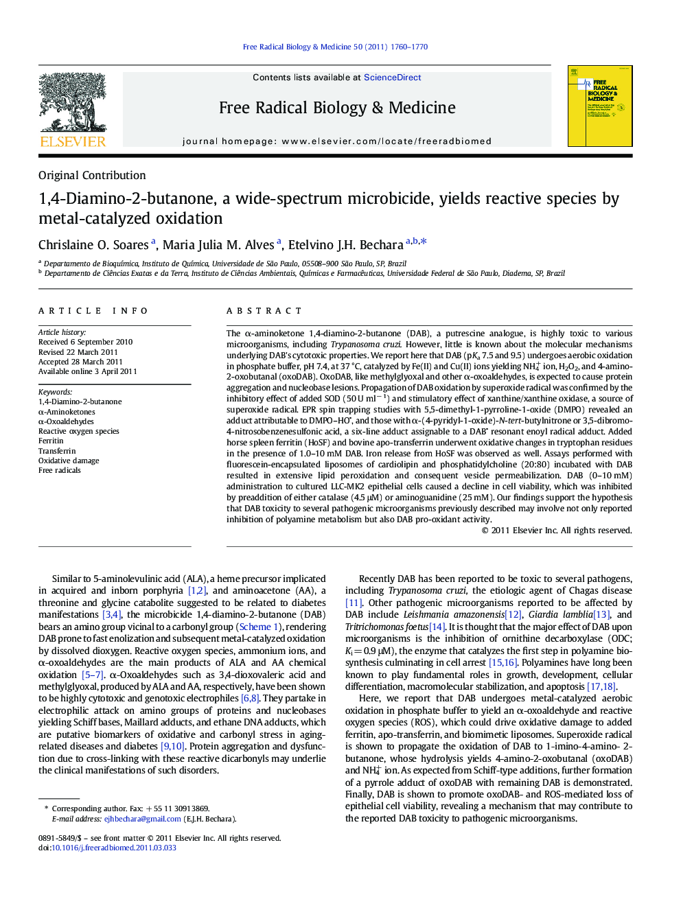 1,4-Diamino-2-butanone, a wide-spectrum microbicide, yields reactive species by metal-catalyzed oxidation