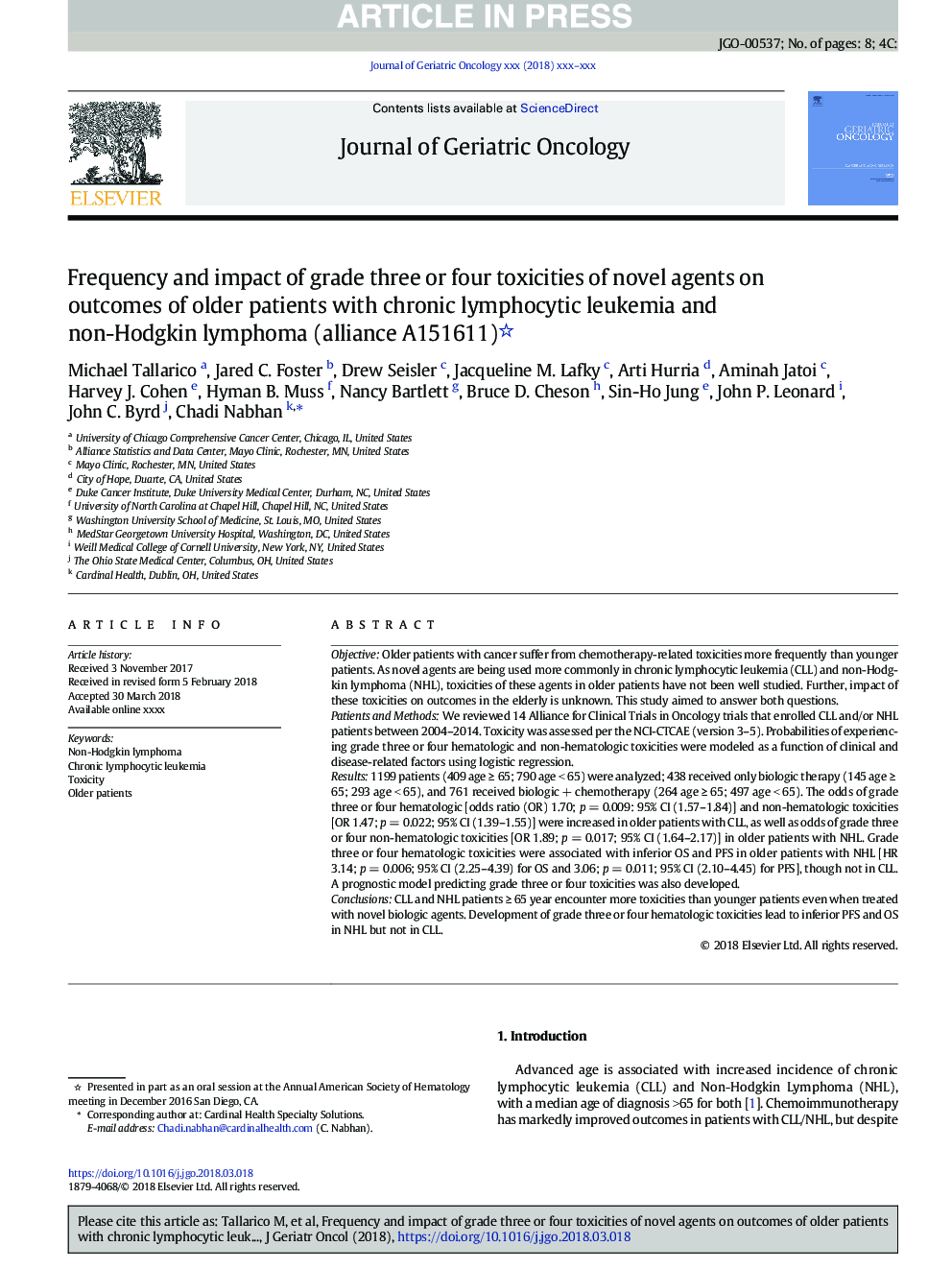 Frequency and impact of grade three or four toxicities of novel agents on outcomes of older patients with chronic lymphocytic leukemia and non-Hodgkin lymphoma (alliance A151611)