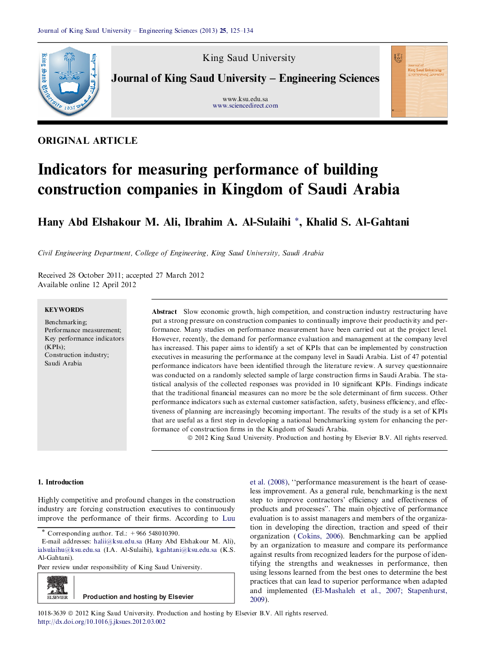 Indicators for measuring performance of building construction companies in Kingdom of Saudi Arabia 