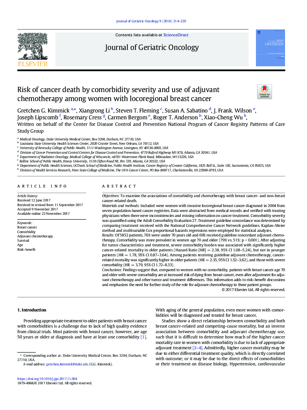 Risk of cancer death by comorbidity severity and use of adjuvant chemotherapy among women with locoregional breast cancer