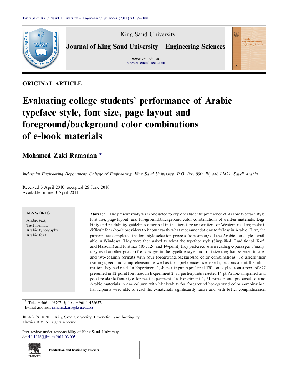 Evaluating college students’ performance of Arabic typeface style, font size, page layout and foreground/background color combinations of e-book materials