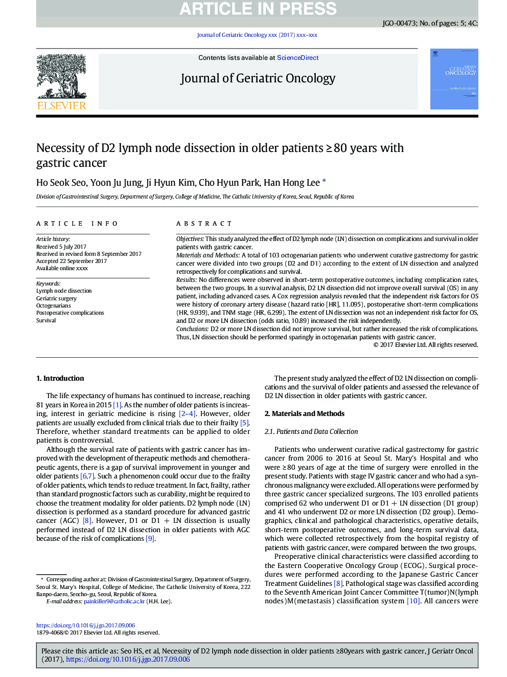 Necessity of D2 lymph node dissection in older patients â¥Â 80Â years with gastric cancer