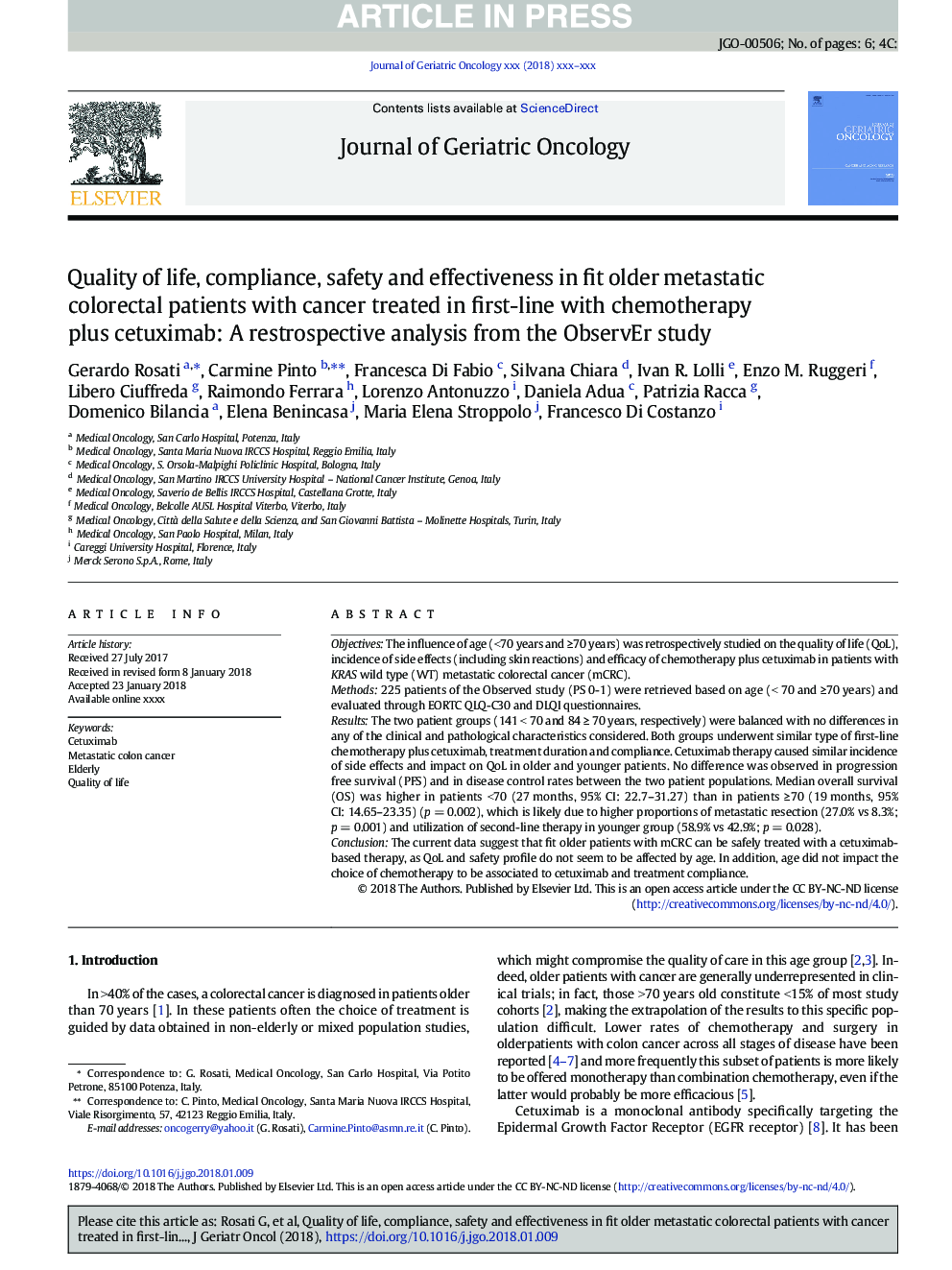 Quality of life, compliance, safety and effectiveness in fit older metastatic colorectal patients with cancer treated in first-line with chemotherapy plus cetuximab: A restrospective analysis from the ObservEr study