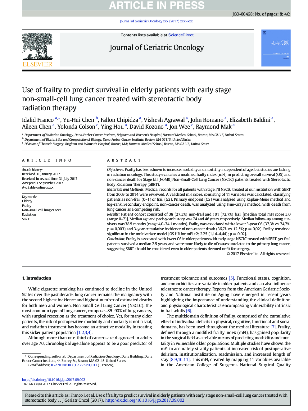 Use of frailty to predict survival in elderly patients with early stage non-small-cell lung cancer treated with stereotactic body radiation therapy