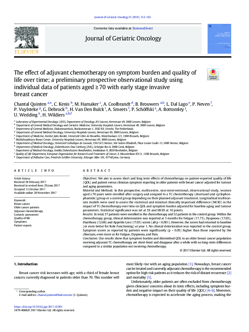 The effect of adjuvant chemotherapy on symptom burden and quality of life over time; a preliminary prospective observational study using individual data of patients aged â¥Â 70 with early stage invasive breast cancer