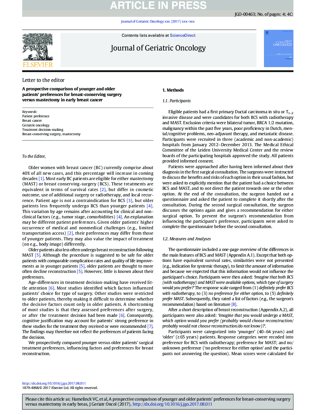 A prospective comparison of younger and older patients' preferences for breast-conserving surgery versus mastectomy in early breast cancer