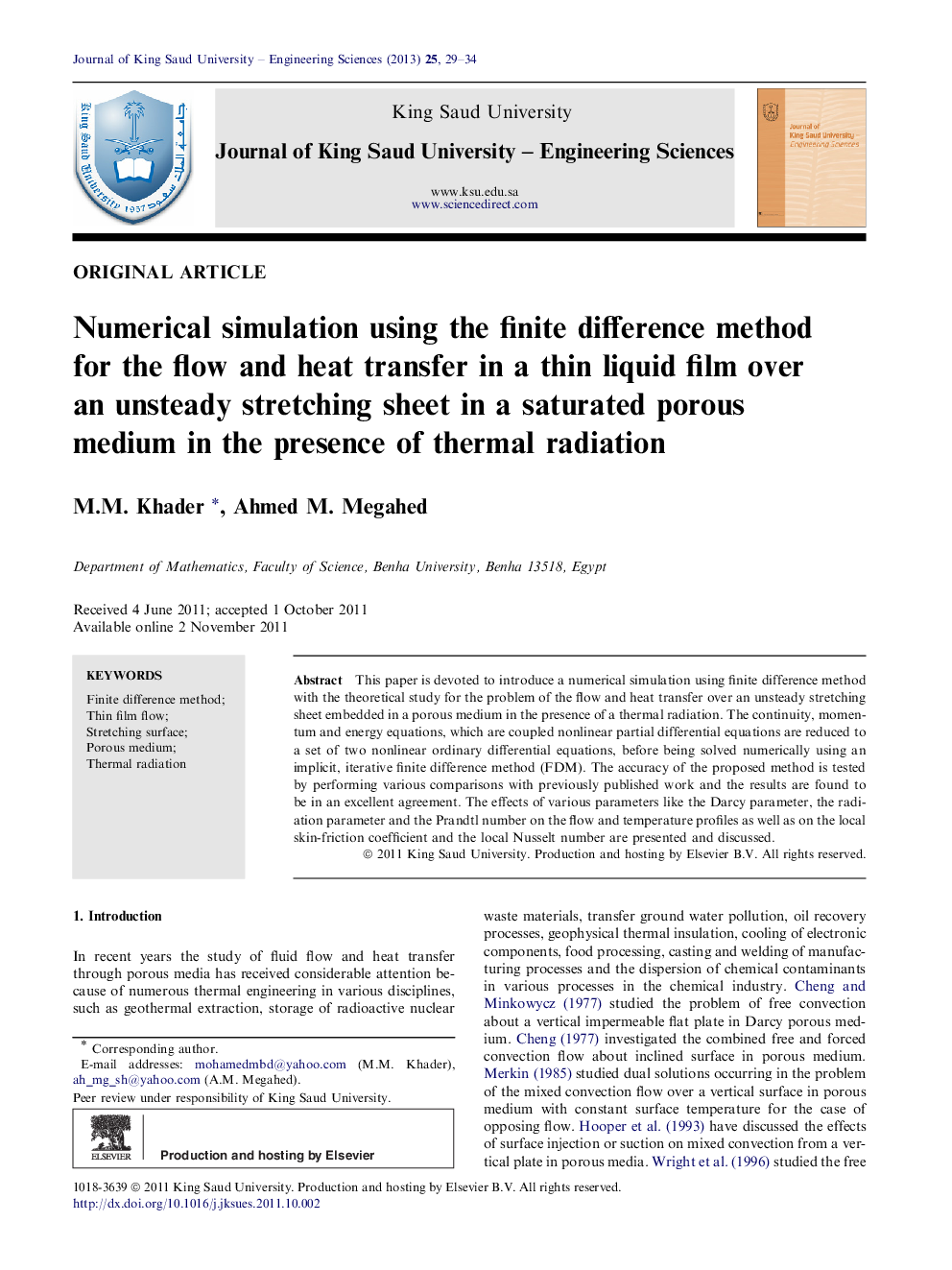 Numerical simulation using the finite difference method for the flow and heat transfer in a thin liquid film over an unsteady stretching sheet in a saturated porous medium in the presence of thermal radiation 