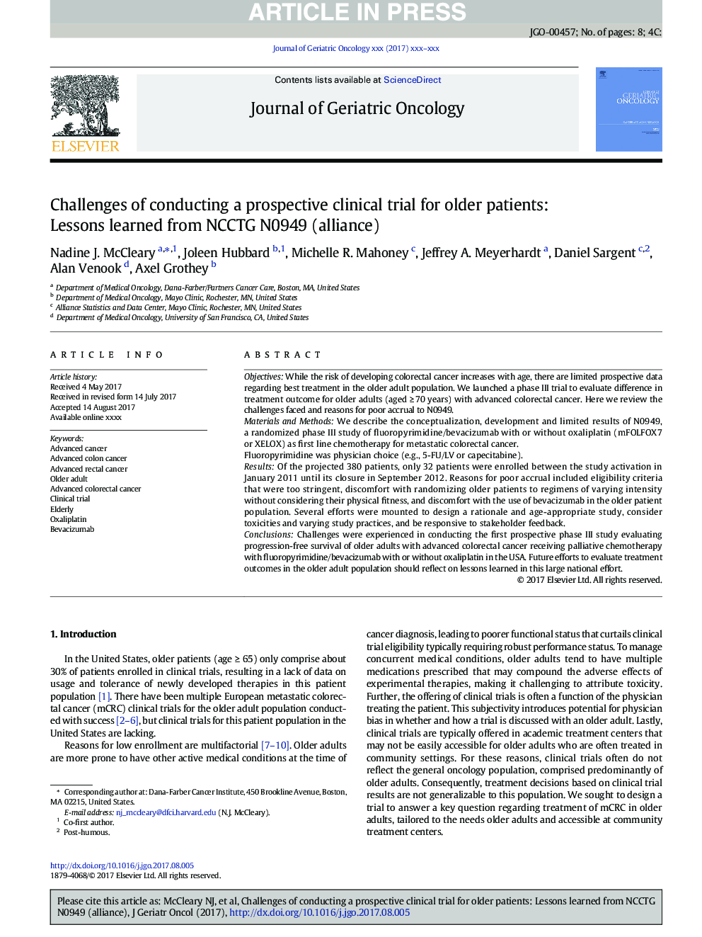 Challenges of conducting a prospective clinical trial for older patients: Lessons learned from NCCTG N0949 (alliance)