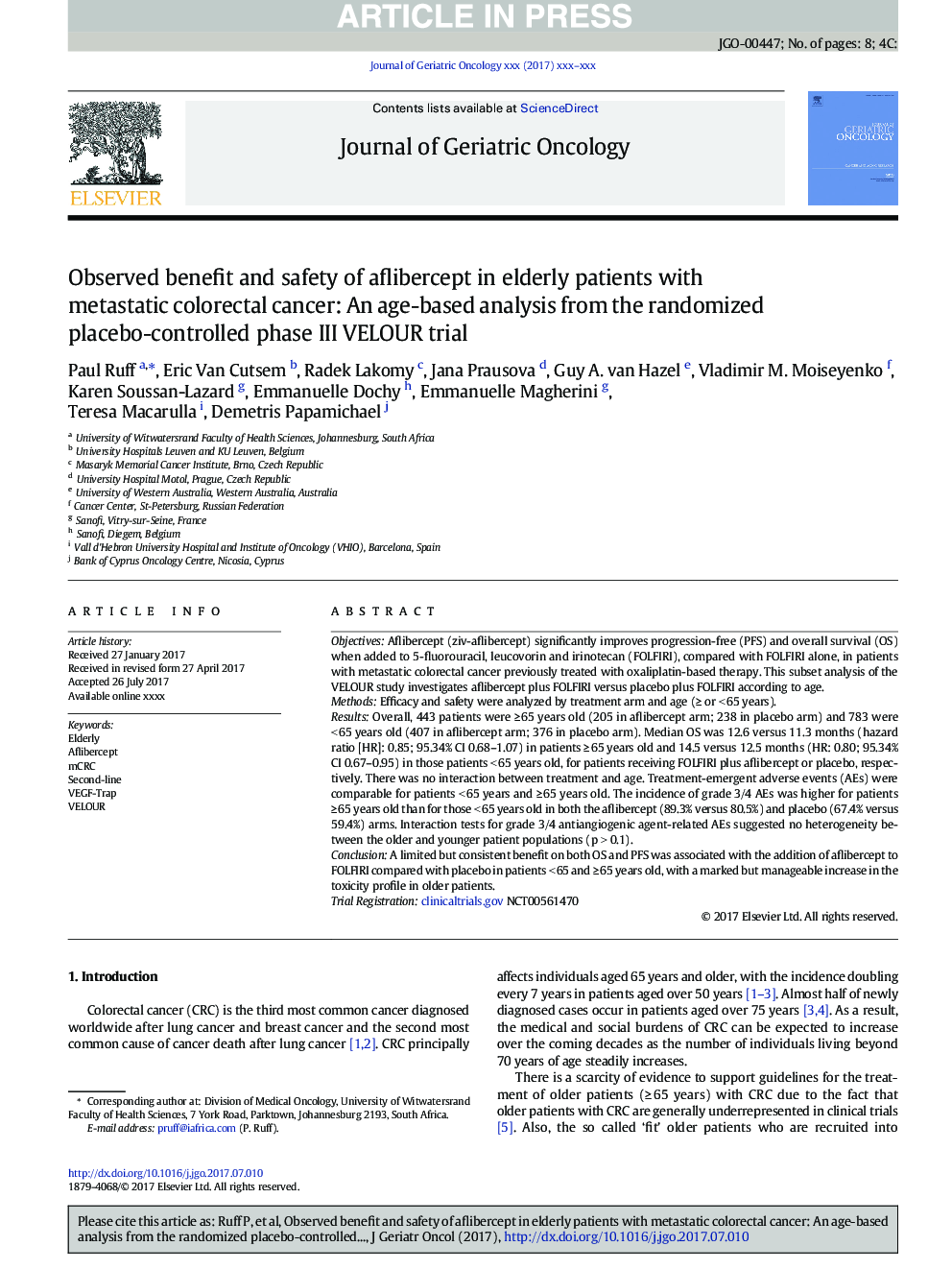 Observed benefit and safety of aflibercept in elderly patients with metastatic colorectal cancer: An age-based analysis from the randomized placebo-controlled phase III VELOUR trial