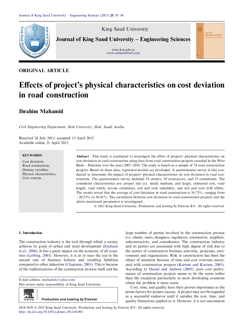 Effects of project’s physical characteristics on cost deviation in road construction 