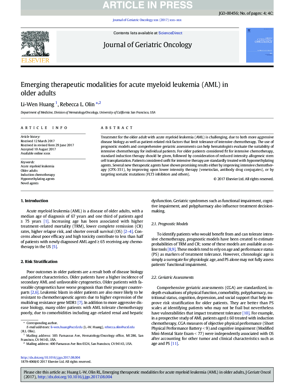 Emerging therapeutic modalities for acute myeloid leukemia (AML) in older adults