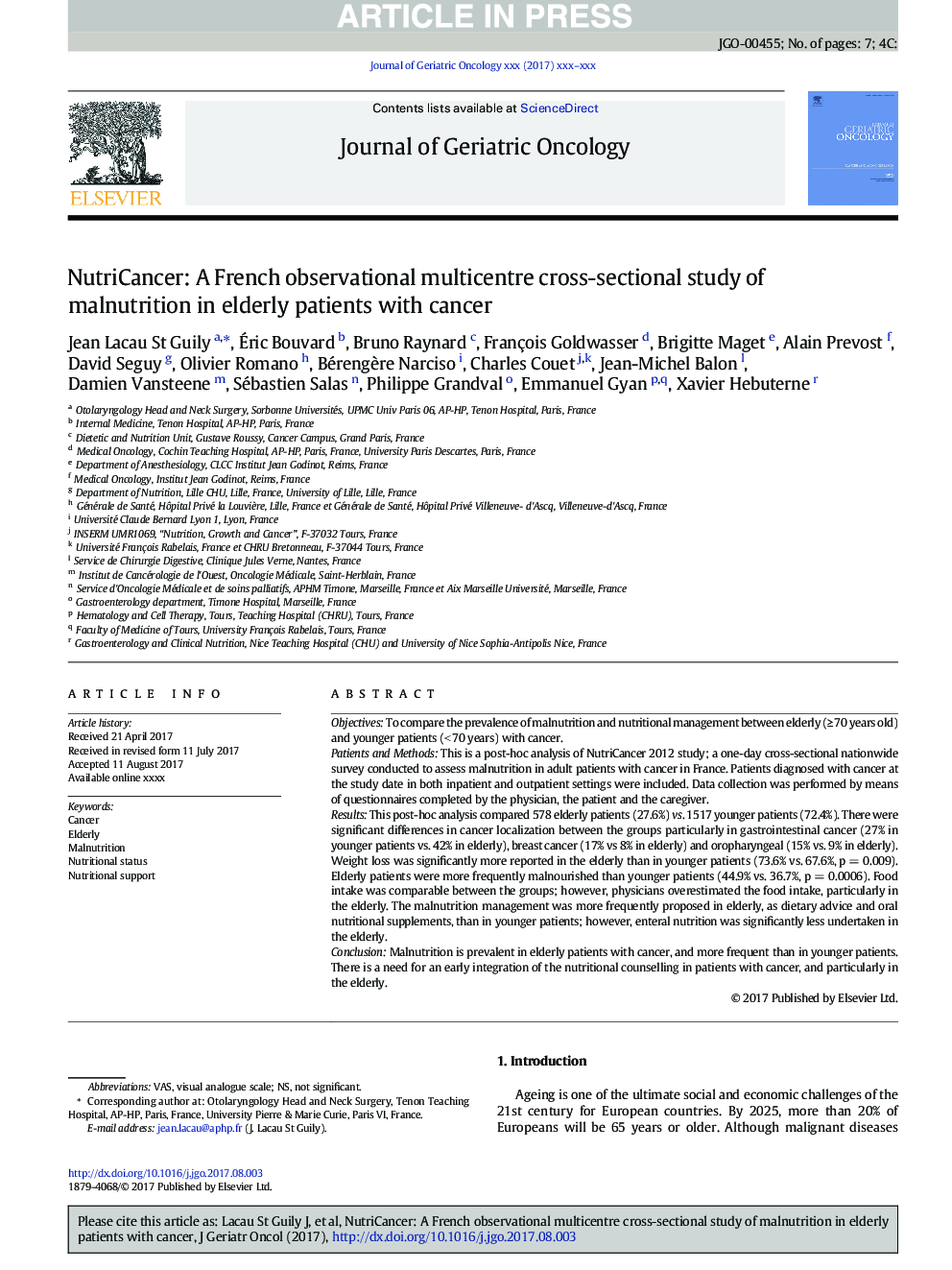 NutriCancer: A French observational multicentre cross-sectional study of malnutrition in elderly patients with cancer