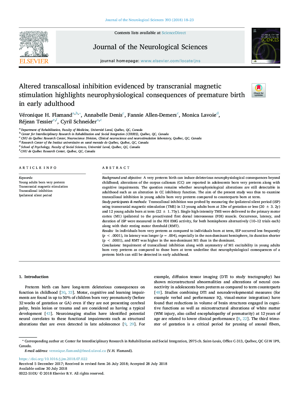 Altered transcallosal inhibition evidenced by transcranial magnetic stimulation highlights neurophysiological consequences of premature birth in early adulthood