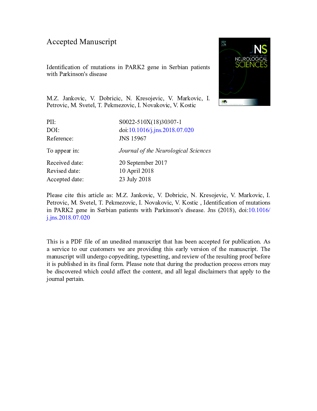 Identification of mutations in the PARK2 gene in Serbian patients with Parkinson's disease